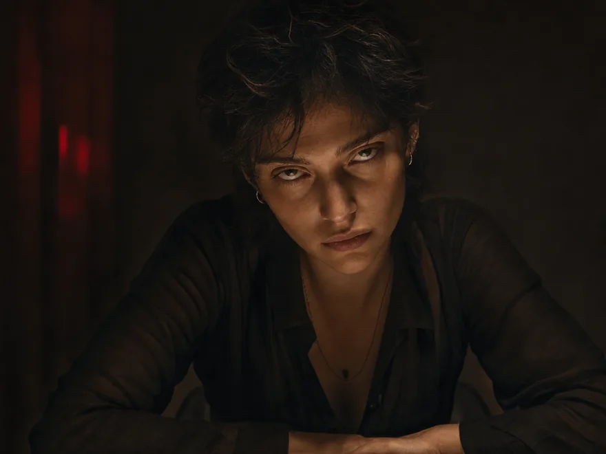 Alibi — a film-noir interrogation portrait under one warm light