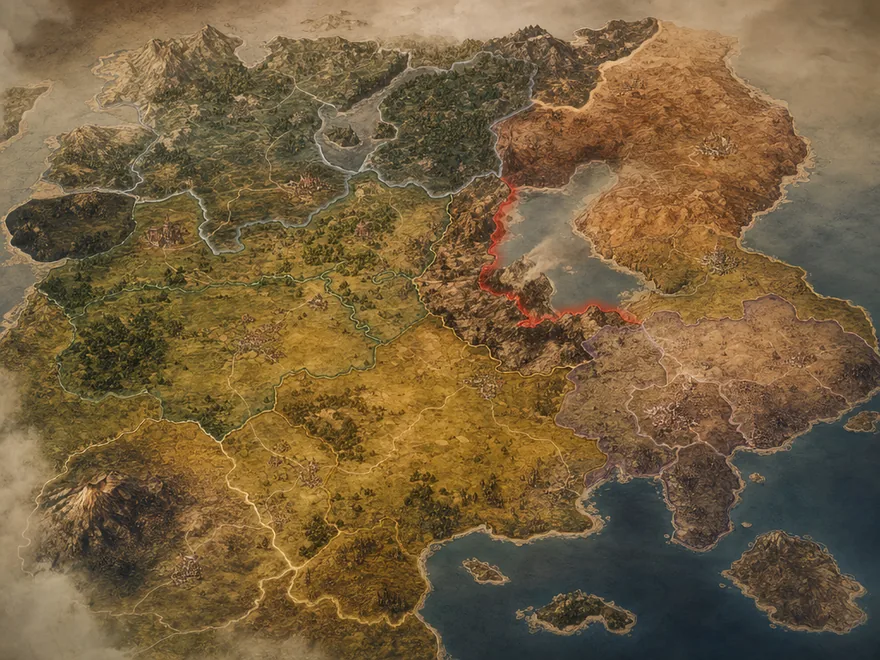 Petri — an aerial map of a living civilization with painted vermilion borders